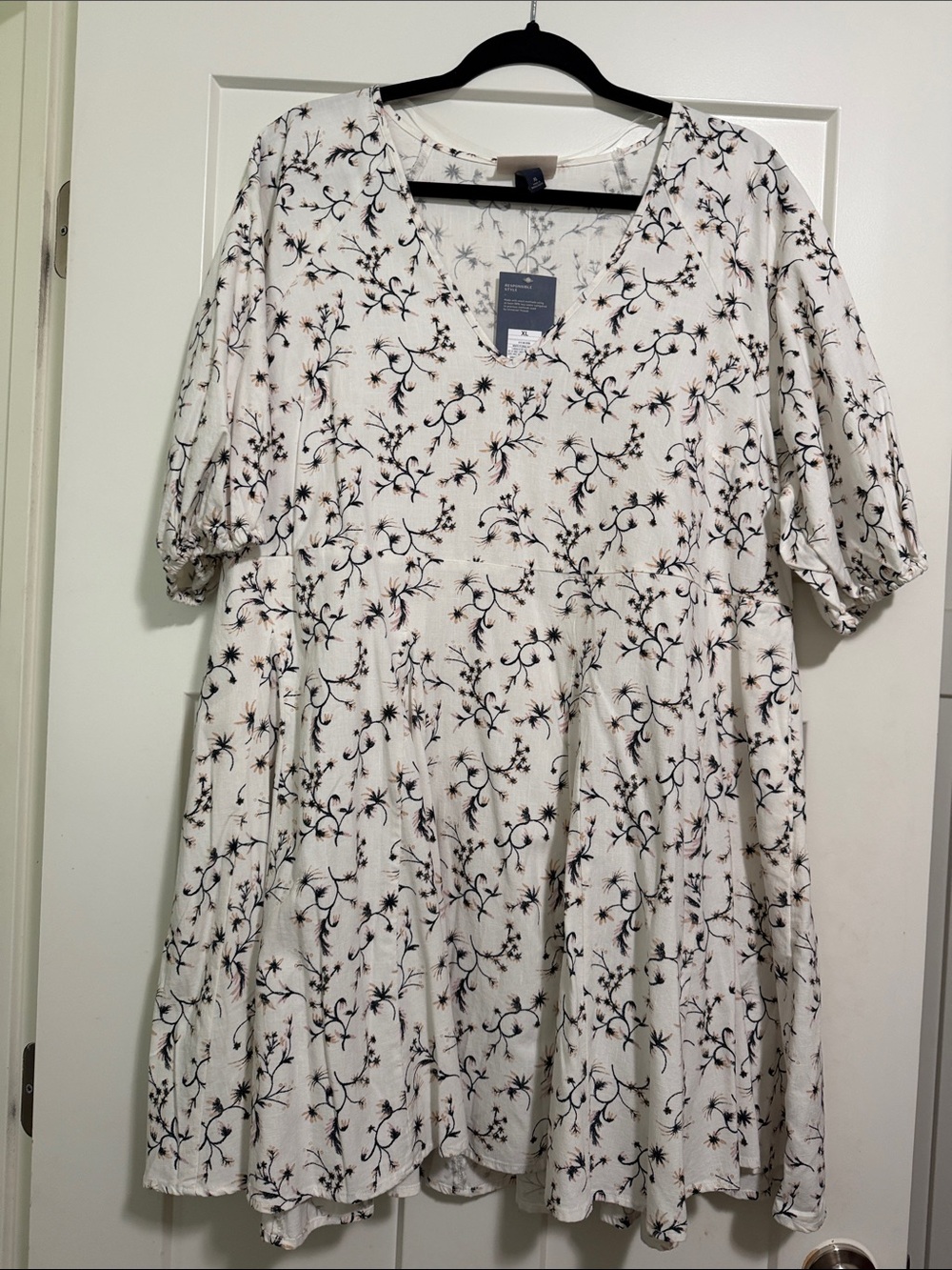 Universal Thread White Floral Midi Dress with Black and Brown Print